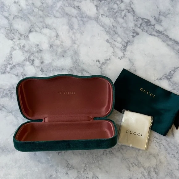 Authentic GUCCI Teal Hunter Green Velvet Peach Satin Jewelry Sunglass Eye Case